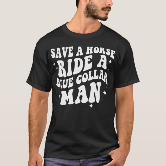 馬を青い襟の男の家族に乗せて救う Tシャツ (正面)
