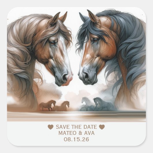 馬エレガントの結婚式の日付を保存 スクエアシール (正面)
