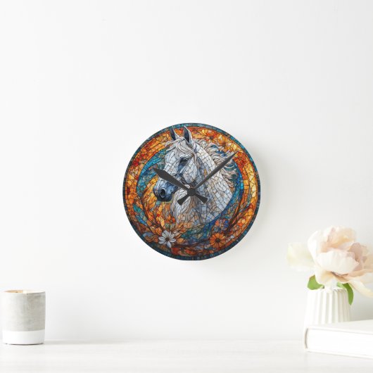 馬エレガントステンドグラスポートレート ラウンド壁時計 (ホーム)