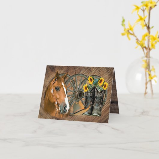 馬カウボーイブーツワゴンホイールヒマワリ西 カード (黄色い花)