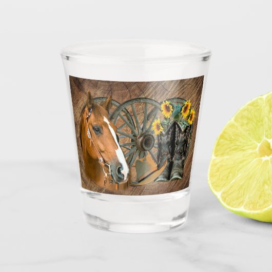 馬カウボーイブーツワゴンホイールヒマワリ西 ショットグラス (正面)