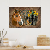 馬カウボーイブーツワゴンホイールヒマワリ西 ポスター (キッチン)