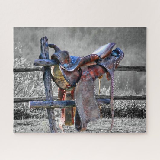 馬サドルの上にコーラルフェンスウェスタン ジグソーパズル (横)
