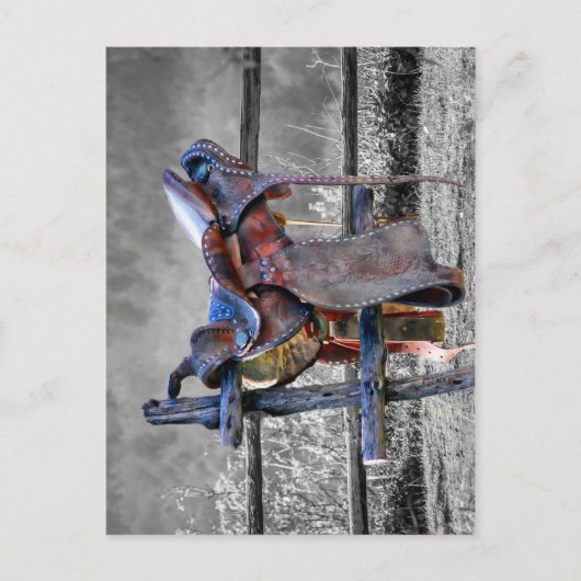 馬サドルの上にコーラルフェンスウェスタン ポストカード (正面)