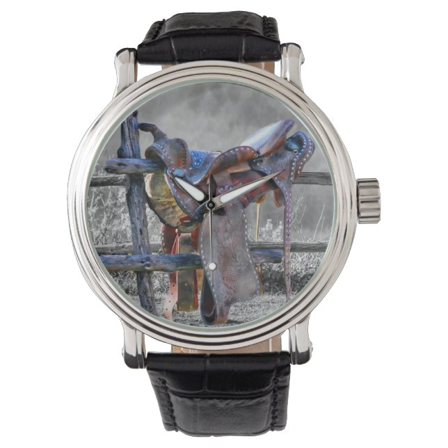 馬サドルの上にコーラルフェンスウェスタン 腕時計 (正面)