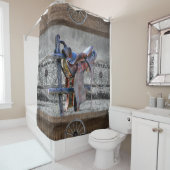 馬サドルコーラルフェンス西ワゴンホイール シャワーカーテン (インサイチュ)