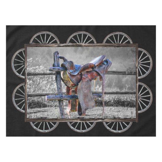 馬サドルコーラルフェンス西ワゴンホイール テーブルクロス (正面(横))