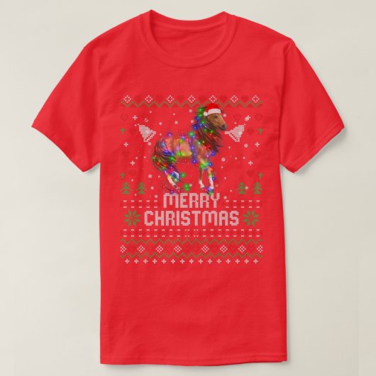 馬サンタハット動物クリスマスツリーライトホリ Tシャツ (デザイン正面)
