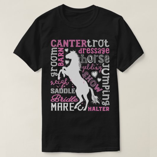 馬タイポグラフィワードアートガールズ乗馬E Tシャツ (デザイン正面)