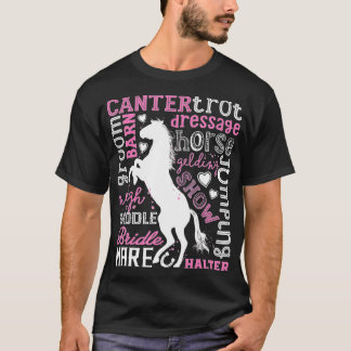 馬タイポグラフィワードアートガールズ乗馬E Tシャツ
