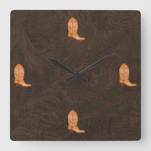 馬フェイクとブーツの彫り革 スクエア壁時計 (正面)