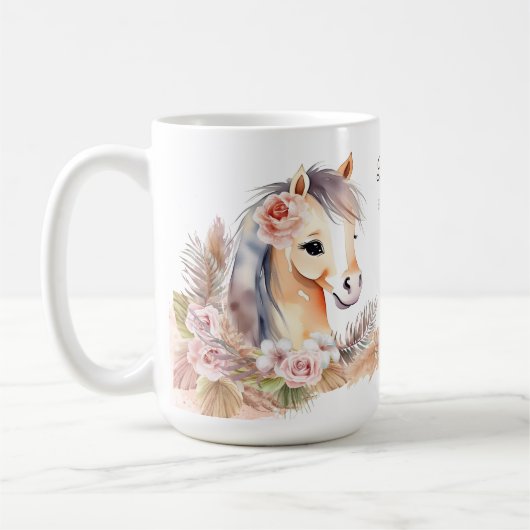 馬ポニーをテーマにしたギフトかわいい馬の花ベージュ コーヒーマグカップ (左)