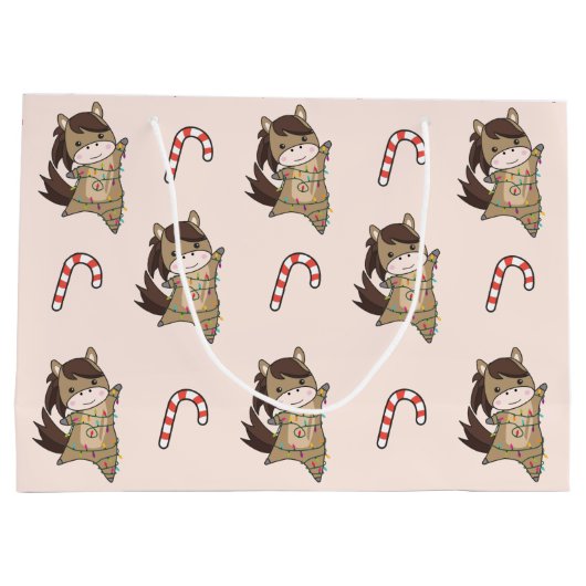 馬ポニークリスマススノーウィンターアニマルズウマ ラージペーパーバッグ (裏面)