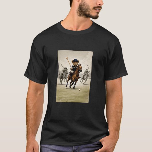 馬ポロゲームのイラストで遊ぶクマ Tシャツ (正面)