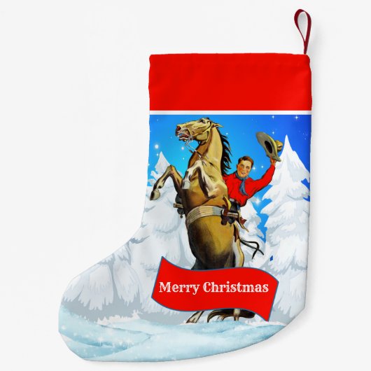 馬メリーなChristmを育てているヴィンテージの西部のカウボーイ スモールクリスマスストッキング (裏面)