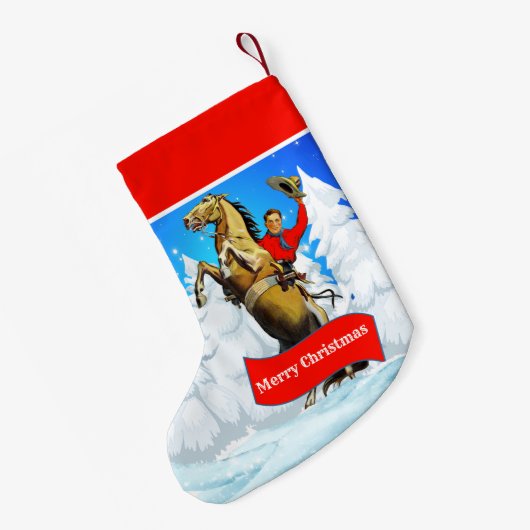 馬メリーなChristmを育てているヴィンテージの西部のカウボーイ スモールクリスマスストッキング (裏面 (吊り時))