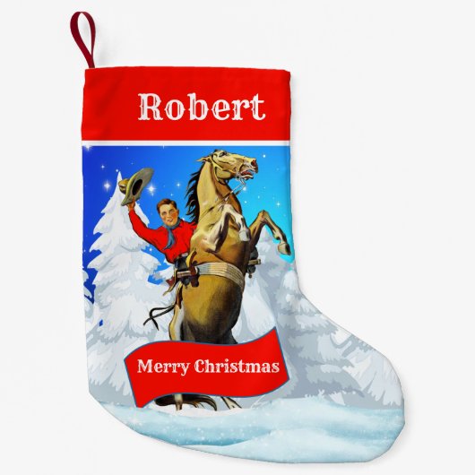 馬メリーなChristmを育てているヴィンテージの西部のカウボーイ スモールクリスマスストッキング (正面)