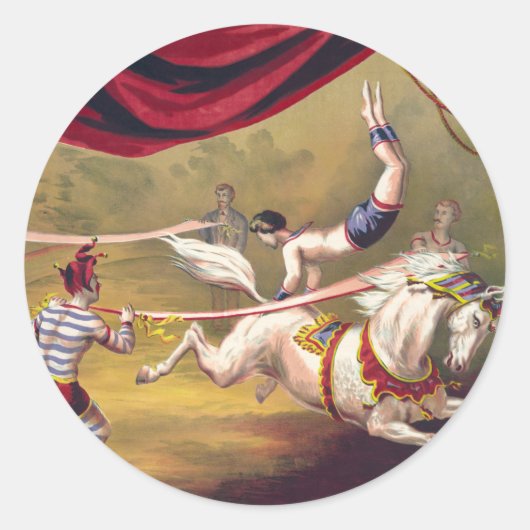 馬上でアクロバットを演じるサーカスのポスター ラウンドシール (正面)