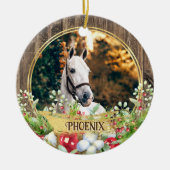 馬写真木枠金ゴールドクリスマス セラミックオーナメント (正面)