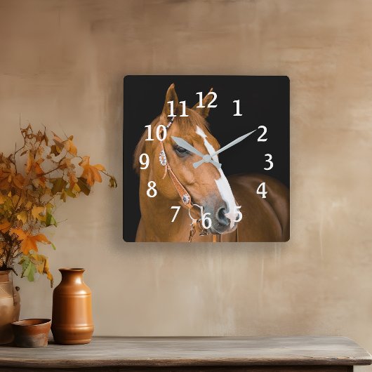馬写真茶色ホワイトクォーターホース番号 スクエア壁時計