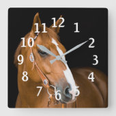 馬写真茶色ホワイトクォーターホース番号 スクエア壁時計 (正面)