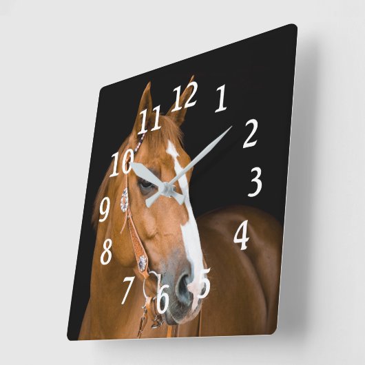 馬写真茶色ホワイトクォーターホース番号 スクエア壁時計 (傾斜)