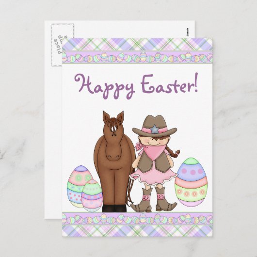 馬及び女性のカーボーイハッピーイースター葉書 シーズンポストカード (正面/裏面)