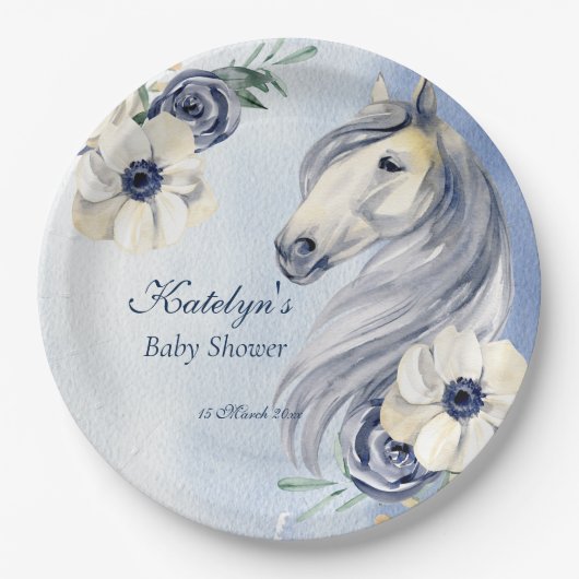 馬女性のカーボーイベビーシャワーフローラ パーソナライズされた ペーパープレート (正面)