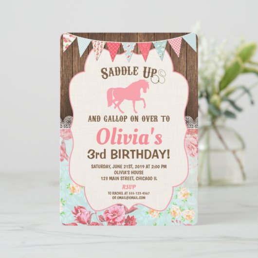 馬女性のカーボーイ誕生日の招待状の女の子フローラ 招待状 (スタンド正面)