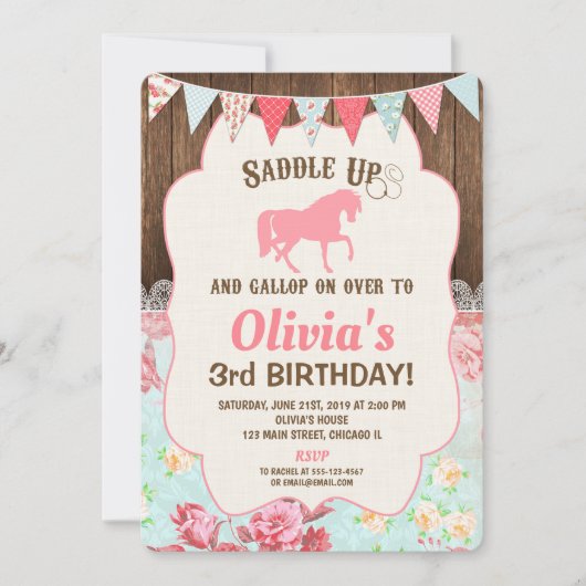馬女性のカーボーイ誕生日の招待状の女の子フローラ 招待状 (正面)