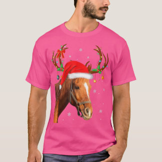 馬好きおもしろいクリスマスライツトインデナーサンタホース Tシャツ
