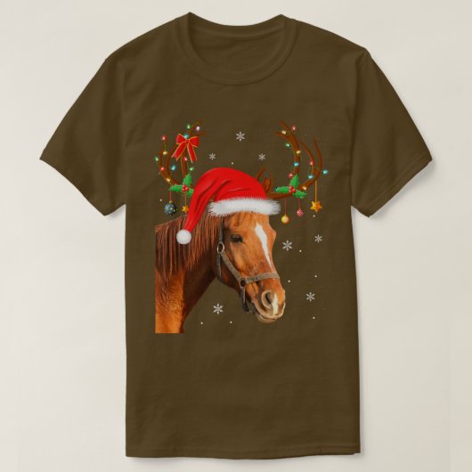 馬好きおもしろいクリスマスライツトインデナーサンタホース Tシャツ (デザイン正面)