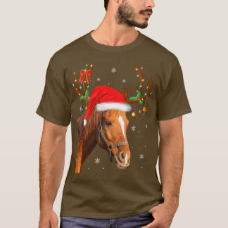 馬好きおもしろいクリスマスライツトインデナーサンタホース Tシャツ