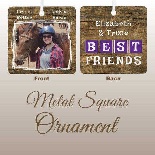 馬好き写真の名前紫の素朴 メタルオーナメント