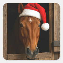 馬小屋の窓から顔を出すクリスマスの馬 スクエアシール