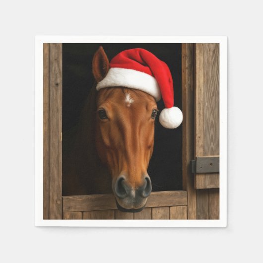 馬小屋の窓から顔を出すクリスマスの馬 スタンダードカクテルナプキン (正面)