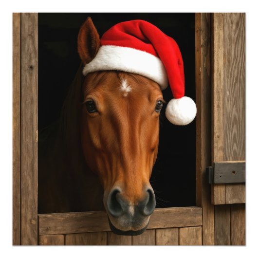 馬小屋の窓から顔を出すクリスマスの馬 フォトプリント            (正面)