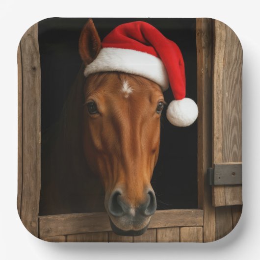 馬小屋の窓辺のクリスマスの馬 ペーパープレート (正面)