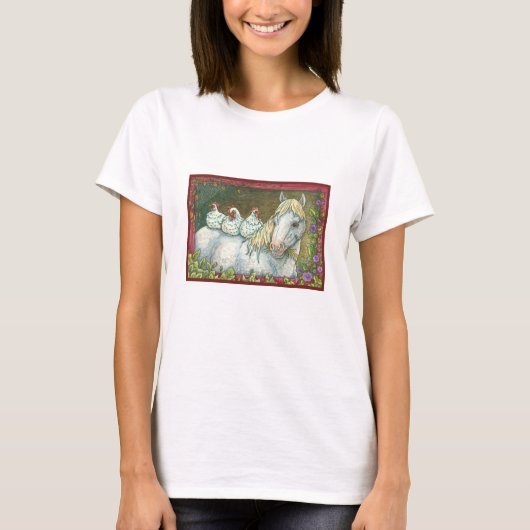 馬小屋の鶏と鶏のTシャツの白い Tシャツ (正面)