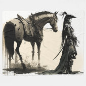 馬日本の付き女性兵士 フリースブランケット (正面(横))