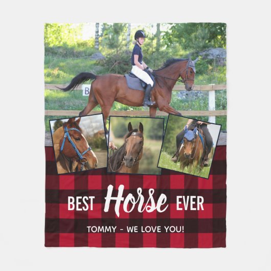 馬最高のは赤いバッファローのプレイド写真コラージュ フリースブランケット (正面)