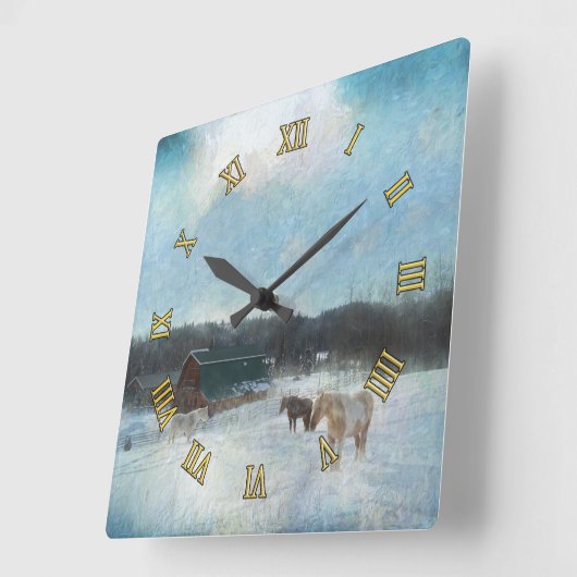 馬牧場、バーンズ、スノー絵画ズ スクエア壁時計 (傾斜)