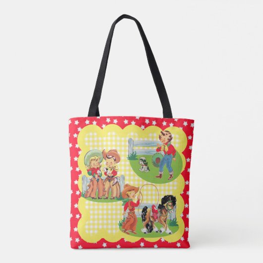 馬犬およびロープを持つカウボーイおよび女性のカーボーイの子供 トートバッグ (裏面)