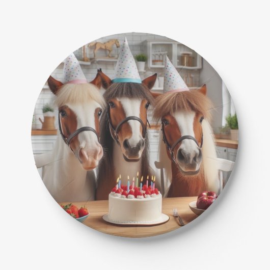 馬祝の誕生日とケーキと帽子のプレート ペーパープレート (正面)