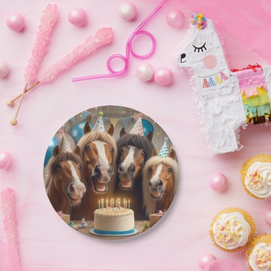 馬祝の誕生日とケーキと帽子のプレート ペーパープレート (パーティー)