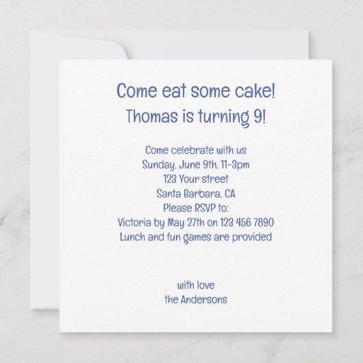 馬祝の誕生日とケーキと帽子 招待状 (裏面)