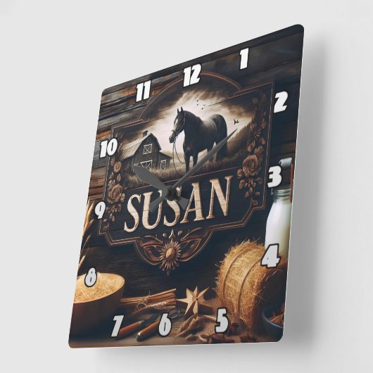 馬素朴と納屋を特徴とするファームサイン スクエア壁時計 (傾斜)