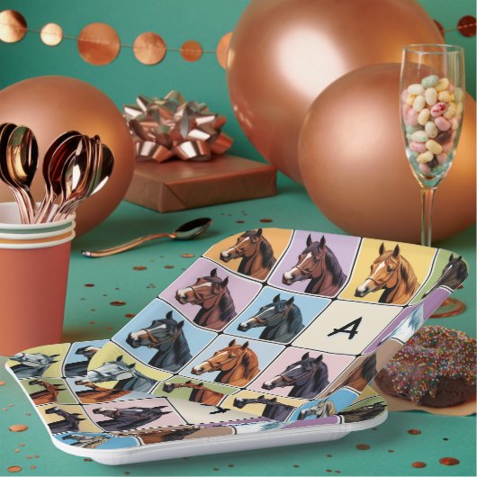 馬術をテーマにしたパーティーモノグラムの馬 ペーパープレート (複数)