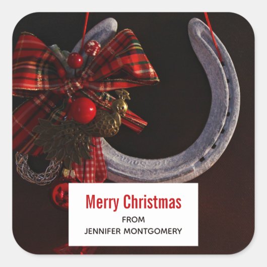 馬術クリスマスぶら下がったの馬蹄写真 スクエアシール (正面)