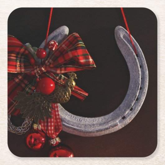 馬術クリスマスぶら下がったの馬蹄写真 スクエアペーパーコースター (正面)